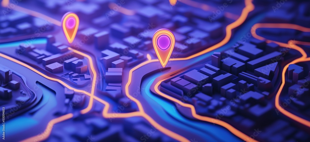Poster 3d map visualization with location pins and neon river pathways
