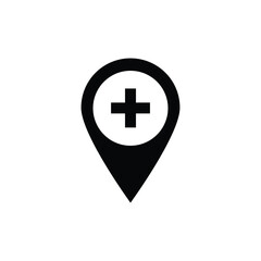 Obraz premium Black location pin icon with a medical cross symbol in the center. Represents hospital, emergency service, health location, or clinic map marker for healthcare or medical-related uses.