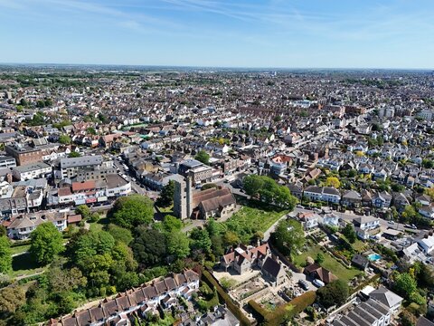 Leigh on Sea Essex UK town centre and high street drone,aerial  high angle