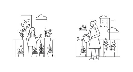 Women Gardening Outdoors in Bright Sunny Day with Potted Plants