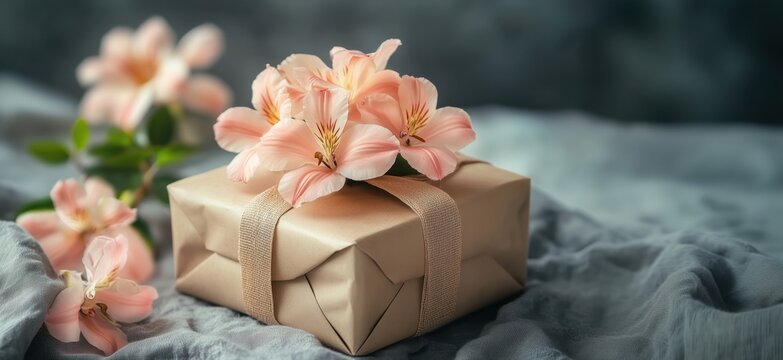 Gift box adorned with pink flowers on soft fabric background for special occasions