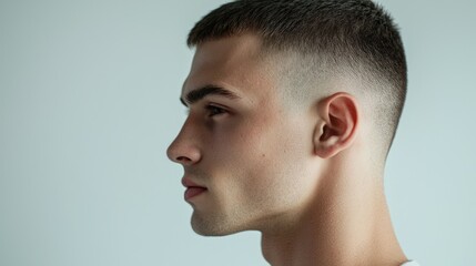 Obraz premium Side angle of man with high and tight haircut, neutral expression