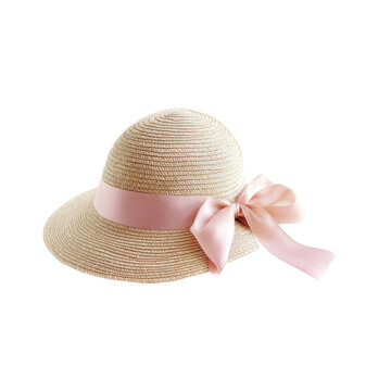 Delicate Straw Hat with a Touch of Pink isolated on white background