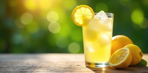 Fototapeta premium Ice cubes melt slowly in a glass of lemonade, sunlight dappling the surface of the drink; a lazy summer afternoon scene , idyllic, carefree, backyard
