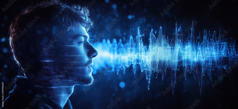 Poster digital sound wave visualization emanating from profile of a man in dark background