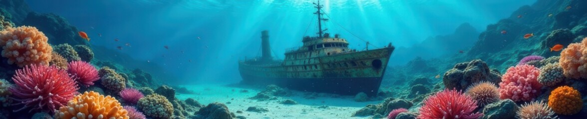 Obraz premium Old shipwreck rests on seabed, surrounded by colorful coral and fish, vibrant, wildlife