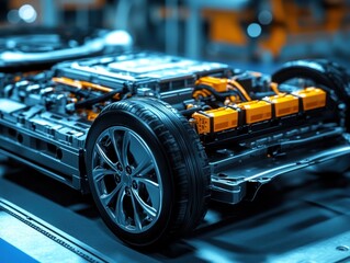 Fototapeta premium Electric vehicle chassis with battery and motor components. Detailed view of the undercarriage
