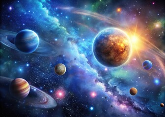 Cosmic Nebula with Stars and Planets