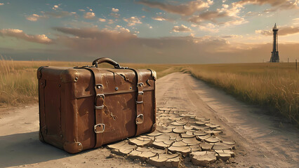 Vintage Suitcase on Country Road Horizon Digital Illustration