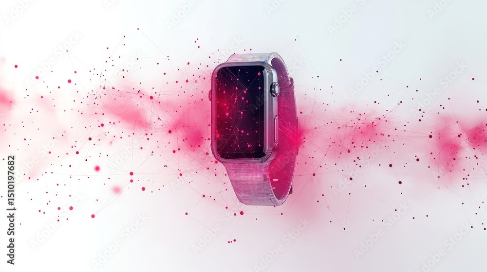 Poster smartwatch with red data stream on white background