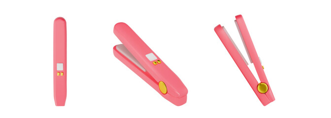 A set of 3d objects. Hair straightener in different angles in pink color. Vector illustration on isolated white background