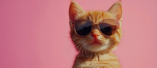 Cool orange tabby cat wearing sunglasses against pink background