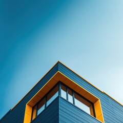 Modern architectural design featuring blue and yellow building corner against clear sky