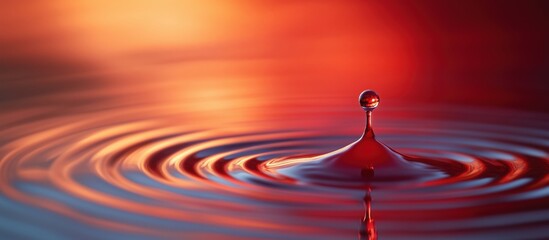 Water droplet creating ripples on surface with vibrant orange and red background