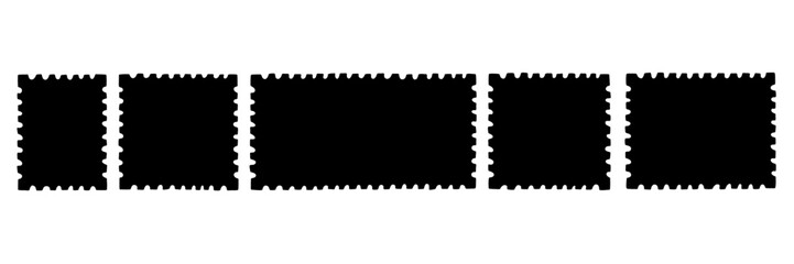 Postcard stamp post frame black shape set. Postage card silhouette  collection. Postal mail edge border shape. Vector illustration