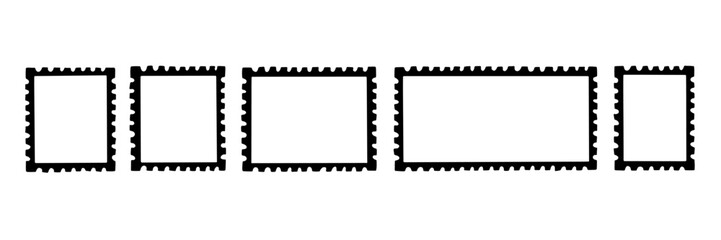 Postcard stamp post black frame set. Postage card silhouette collection. Postal mail edge border shape. Vector illustration