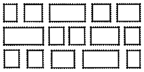 Postcard stamp post frame outline set. Postage card doodle collection. Postal mail edge border shape. Vector illustration