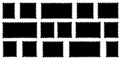 Postcard stamp post frame set. Postage card silhouette  collection. Postal mail edge border shape. Vector illustration