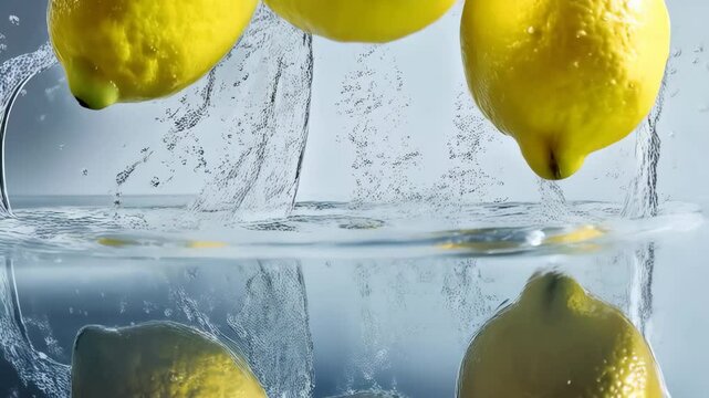Three fresh yellow lemons splashing into water on a bright background generating droplets and ripples