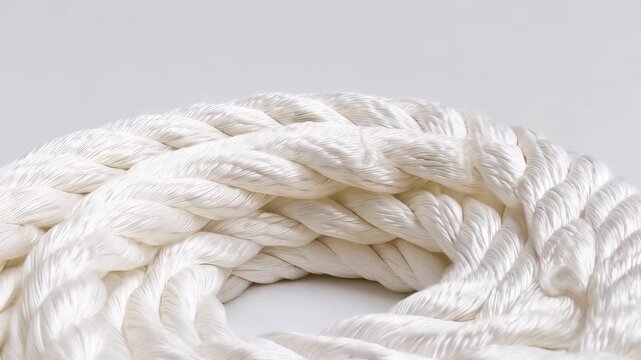 Close up of thick, twisted white nylon rope coil with clear texture, on a clean white background with soft studio lighting.