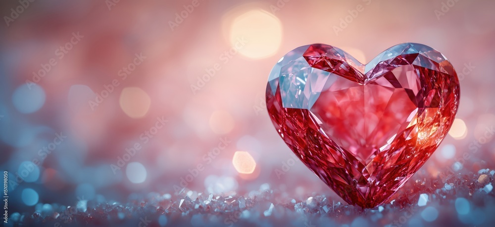 Poster beautiful red heart-shaped crystal on sparkling background with soft bokeh lights