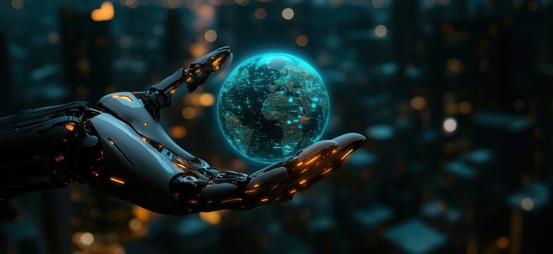 Futuristic robotic hand holding glowing digital globe over city skyline at night