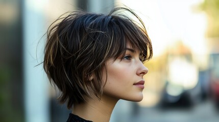 Side view of girl with choppy short layers and highlights