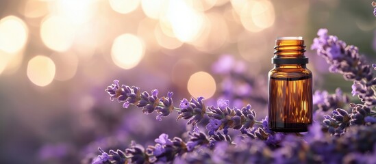 Lavender essential oil bottle surrounded by blooming lavender flowers and soft bokeh background