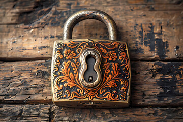 Ornate Golden Padlock on Wooden Surface Digital Illustration