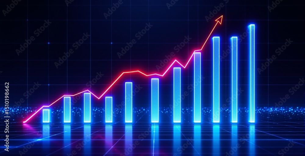 Poster neon glowing bar and line graph showing data growth and business analytics concept in futuristic dig