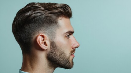 Obraz premium Side view of stylish comb over cut, neutral background