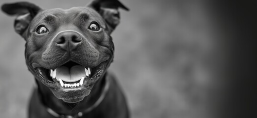 Happy black dog with big smile showcasing teeth in playful pose