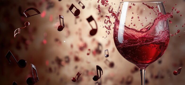 Red wine splashing in glass surrounded by musical notes creating a vibrant atmosphere