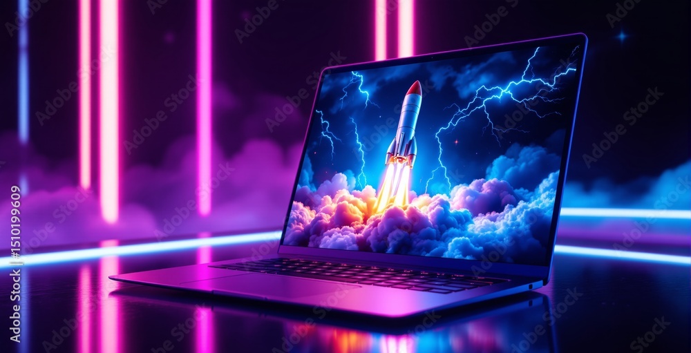 Poster laptop displaying rocket launch with lightning in clouds, futuristic digital style, neon-lit backgro