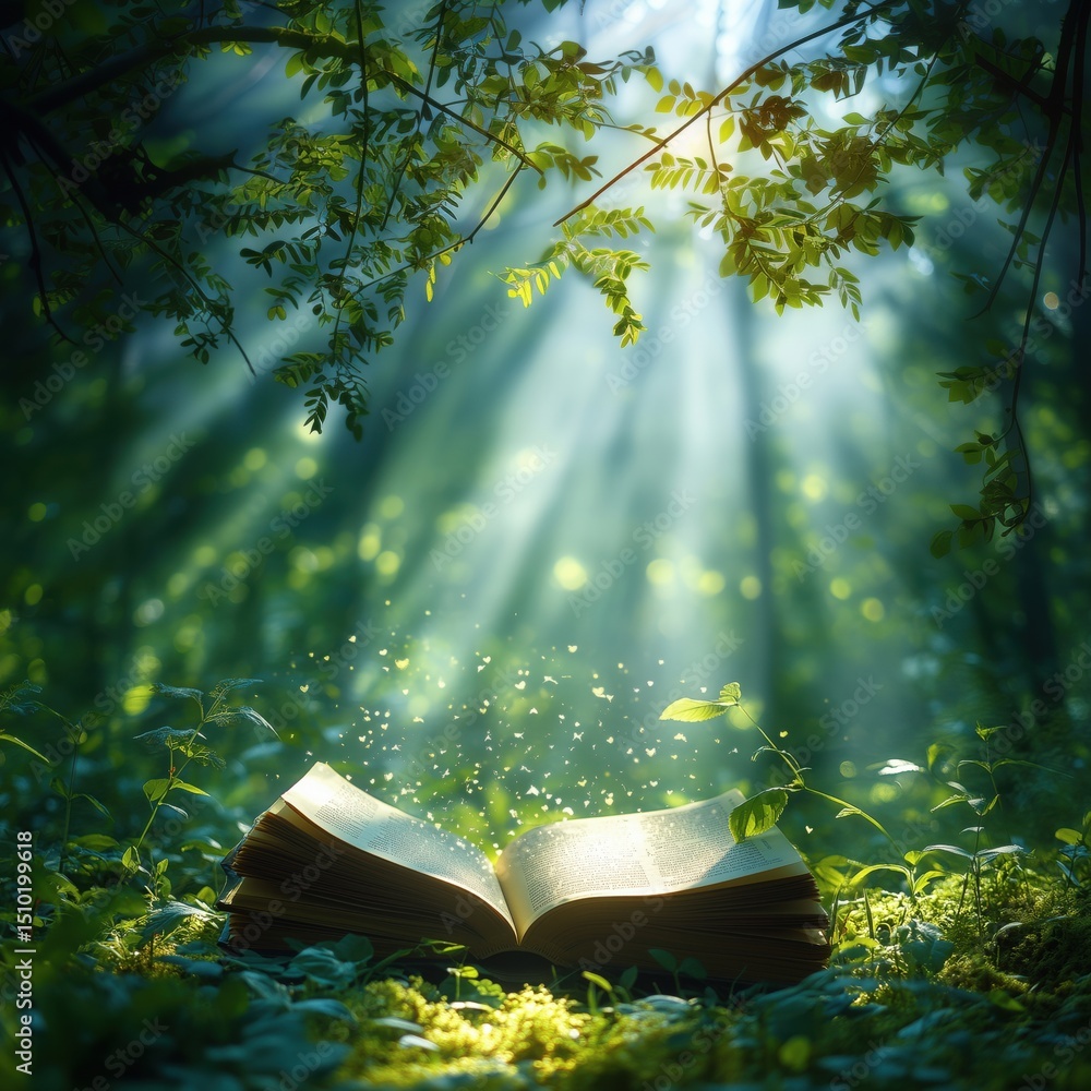 Poster magical open book in enchanting forest with sunlight and sparkling particles