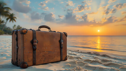 Leather Suitcase on Tropical Beach at Sunset Digital Illustration