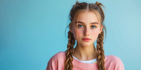 Teen girl with double French braids and casual clothes