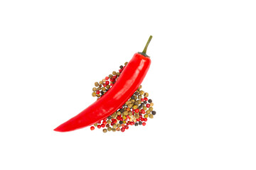 Red chili pepper with peppercorns – PNG, front view, isolated on transparent background