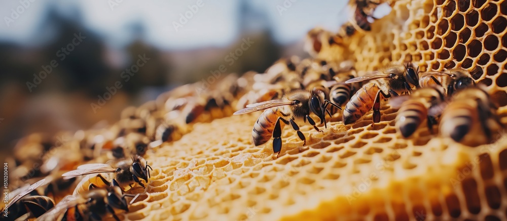 Poster close-up of bees on honeycomb showcasing intricate hive structure and bee activity