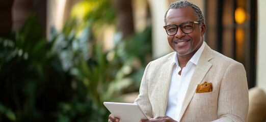 Confident middle-aged man in stylish attire using tablet in lush outdoor setting
