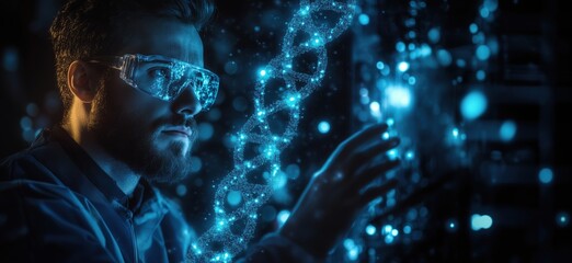 scientist analyzing DNA structure with advanced technology in futuristic lab setting