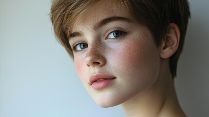 Teen girl with soft pixie cut and natural makeup