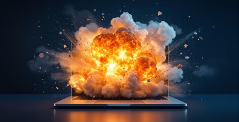 Fiery explosion bursting from laptop screen, digital art style, set against a dark background, symbolizing cybersecurity threats and business failure concept. Ai generative