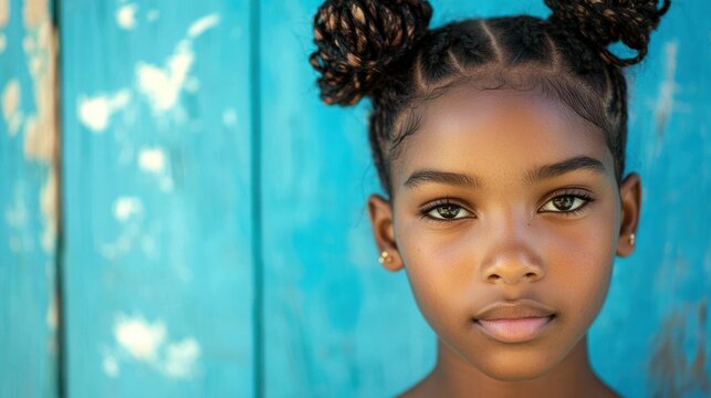 Teen girl with traditional Bantu knots, front-facing portrait
