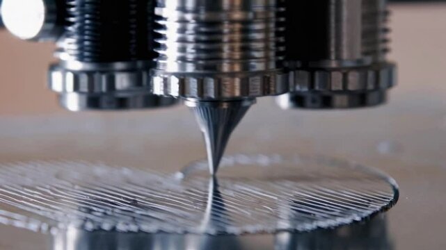 Close-up of a 3D printer nozzle extruding filament onto a flat surface. The scene highlights the precision of additive manufacturing technology.