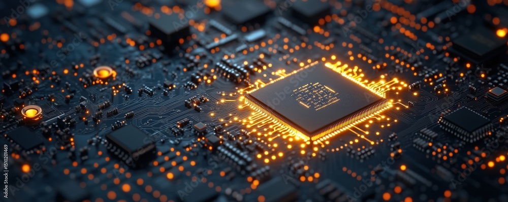 Poster close-up of glowing microchip on circuit board with intricate electronic connections