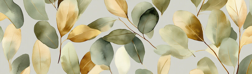 A seamless pattern with digital watercolor leaves in soft greens and golds, their forms layered against each other on a grey background.