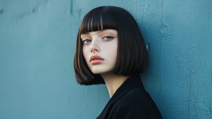 Teen with blunt bob and bangs, minimalist fashion