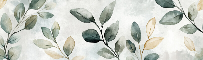Fototapeta premium A seamless pattern with digital watercolor leaves in soft greens and golds, their forms layered against each other on a grey background.