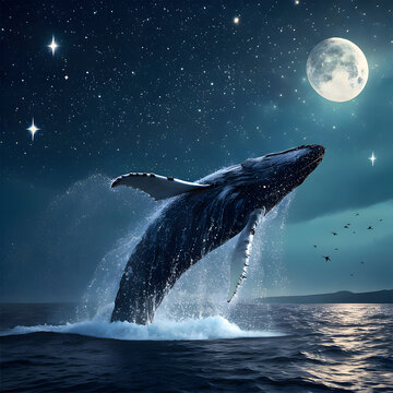 Majestic whale breaching under moonlight in night ocean showcasing beauty and mystery of marine life.